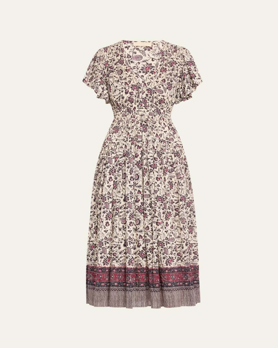 Lyria Flutter-Sleeve Floral Midi Dress